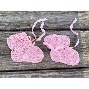 Vintage 1950s Pink Thread Crochet Baby Infant Booties